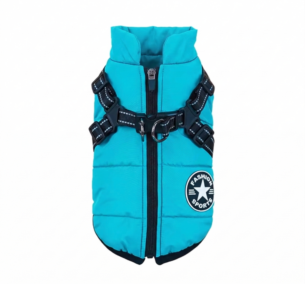 Waterproof High-Collar Dog Puffer Vest, with Harness D-rings