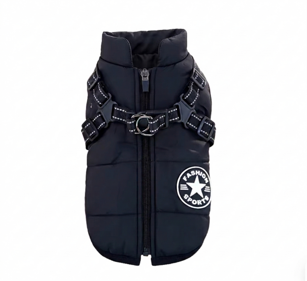 Waterproof High-Collar Dog Puffer Vest, with Harness D-rings