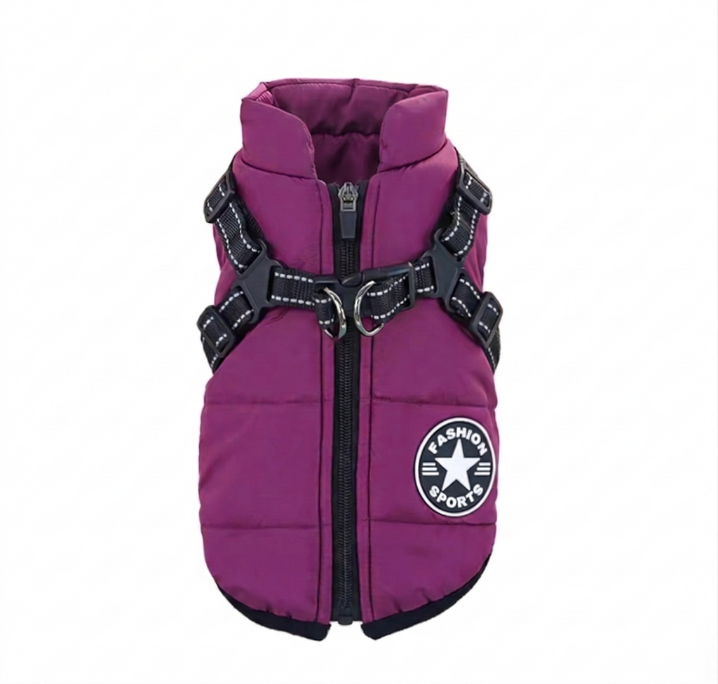 Waterproof High-Collar Dog Puffer Vest, with Harness D-rings