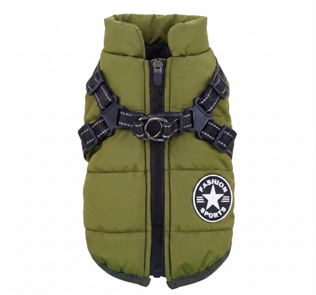 Waterproof High-Collar Dog Puffer Vest, with Harness D-rings