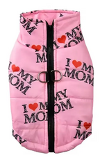 I Heart Mom & Dad Dog Puffer Vest, with Harness D-rings