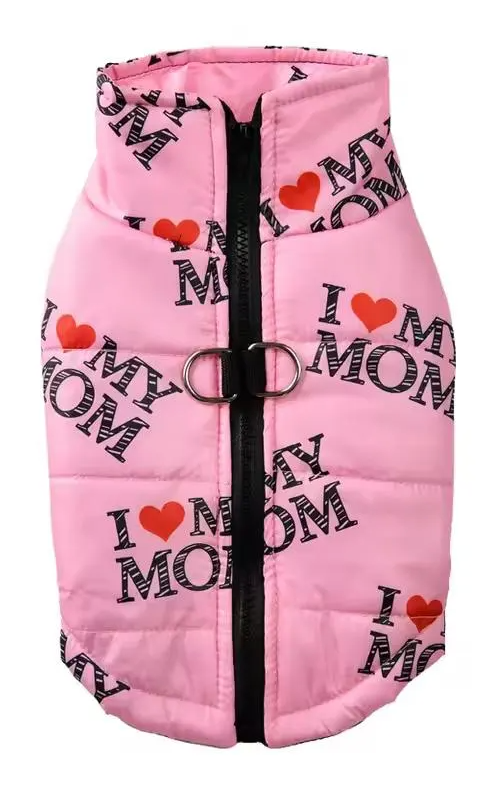 I Heart Mom & Dad Dog Puffer Vest, with Harness D-rings