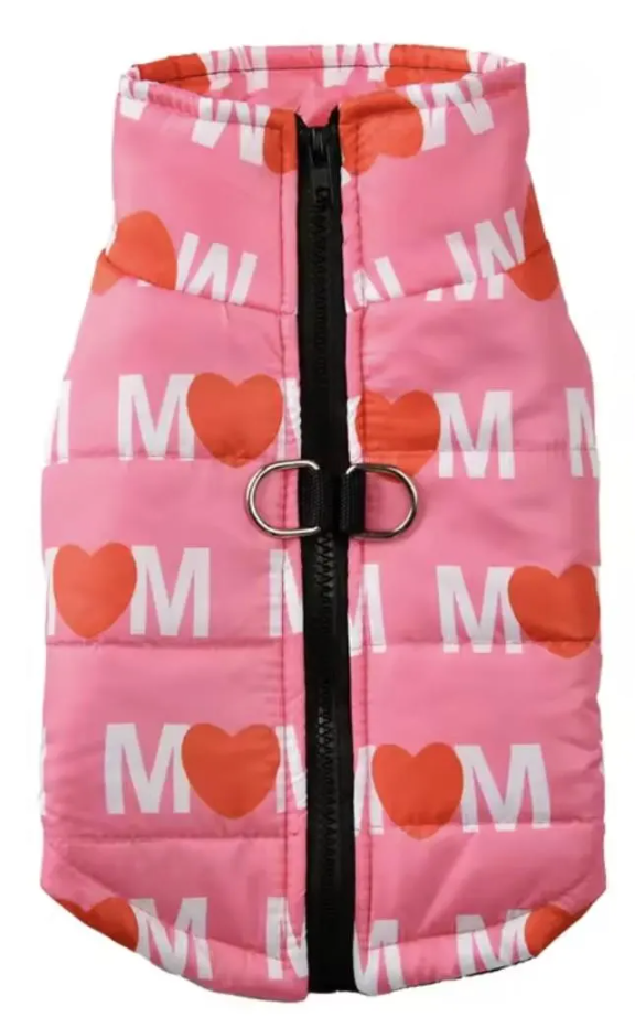 I Heart Mom & Dad Dog Puffer Vest, with Harness D-rings