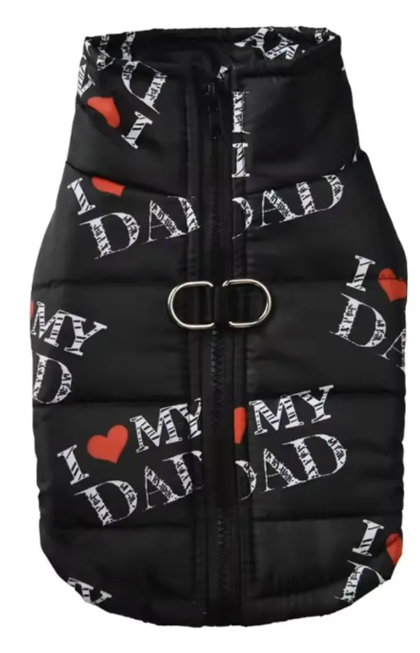 I Heart Mom & Dad Dog Puffer Vest, with Harness D-rings