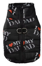 I Heart Mom & Dad Dog Puffer Vest, with Harness D-rings