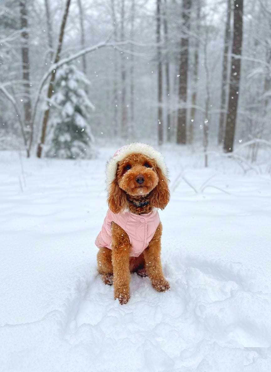Faux Fur Hooded Dog Puffer Coat, with Harness D-ring