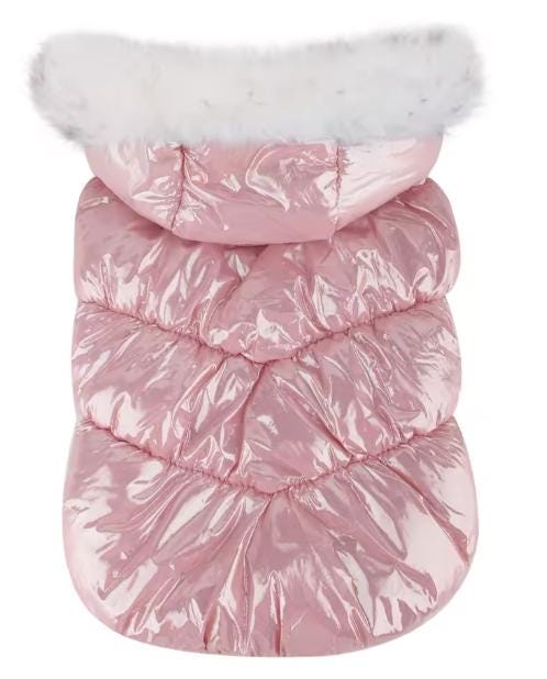 Faux Fur Hooded Dog Puffer Coat, with Harness D-ring