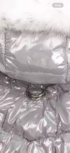 Faux Fur Hooded Dog Puffer Coat, with Harness D-ring