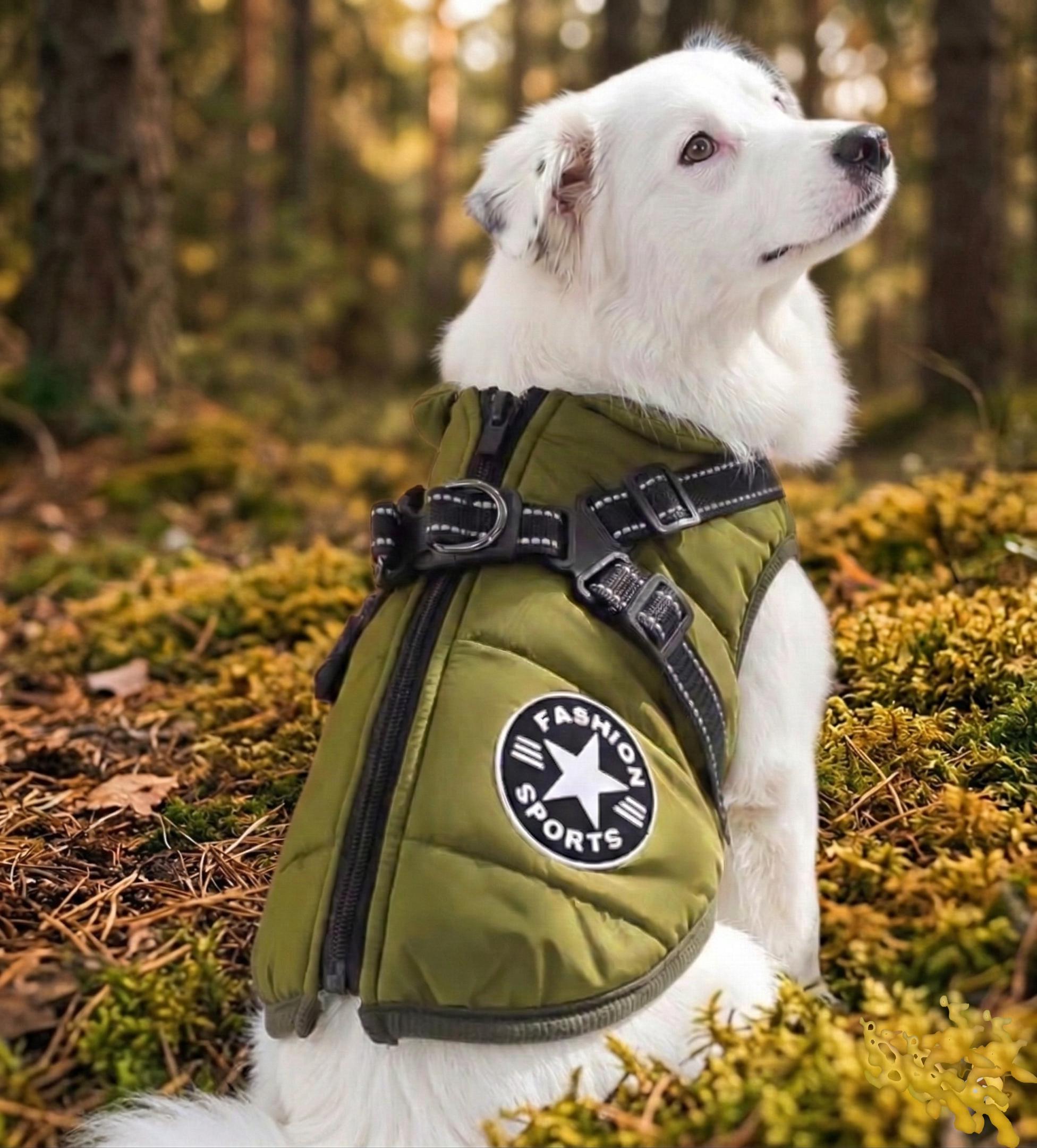 Waterproof High-Collar Dog Puffer Vest, with Harness D-rings