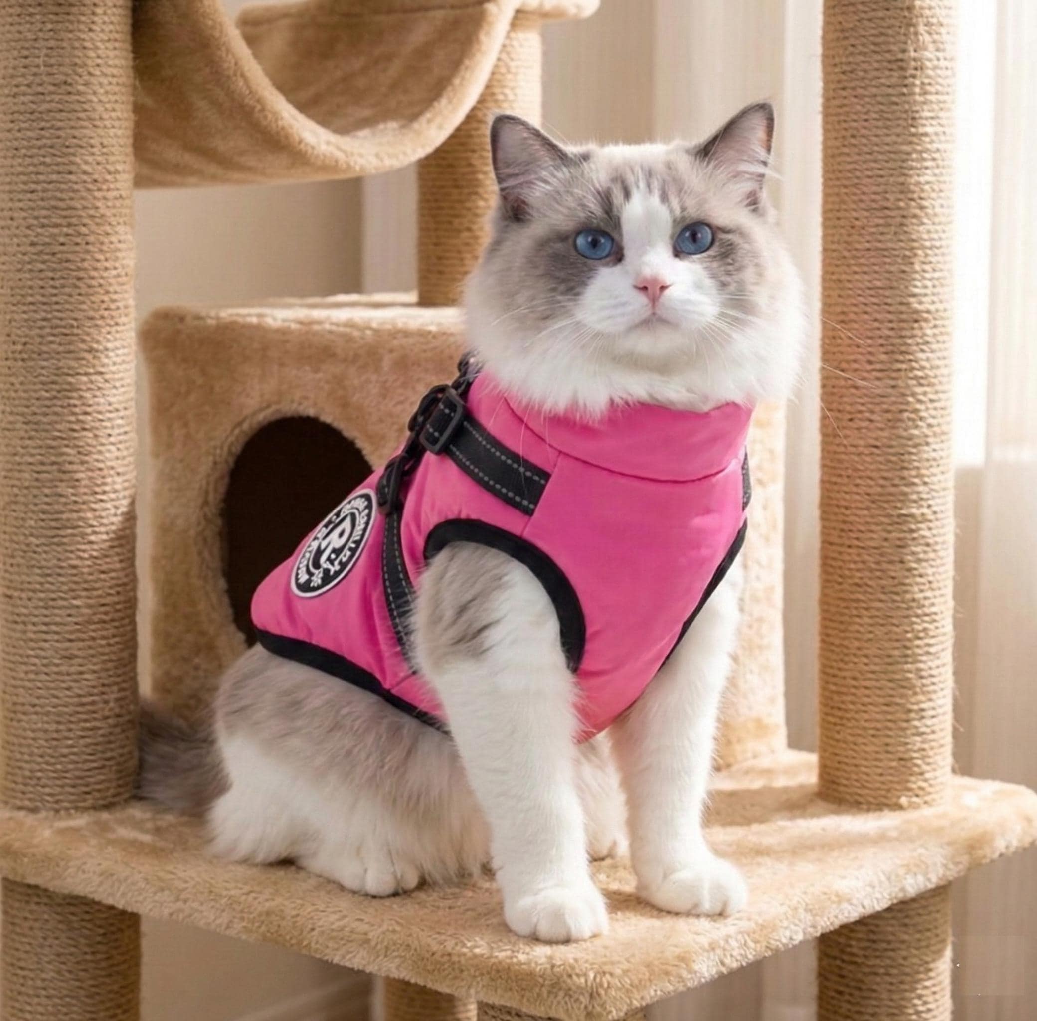 Waterproof High-Collar Dog Puffer Vest, with Harness D-rings