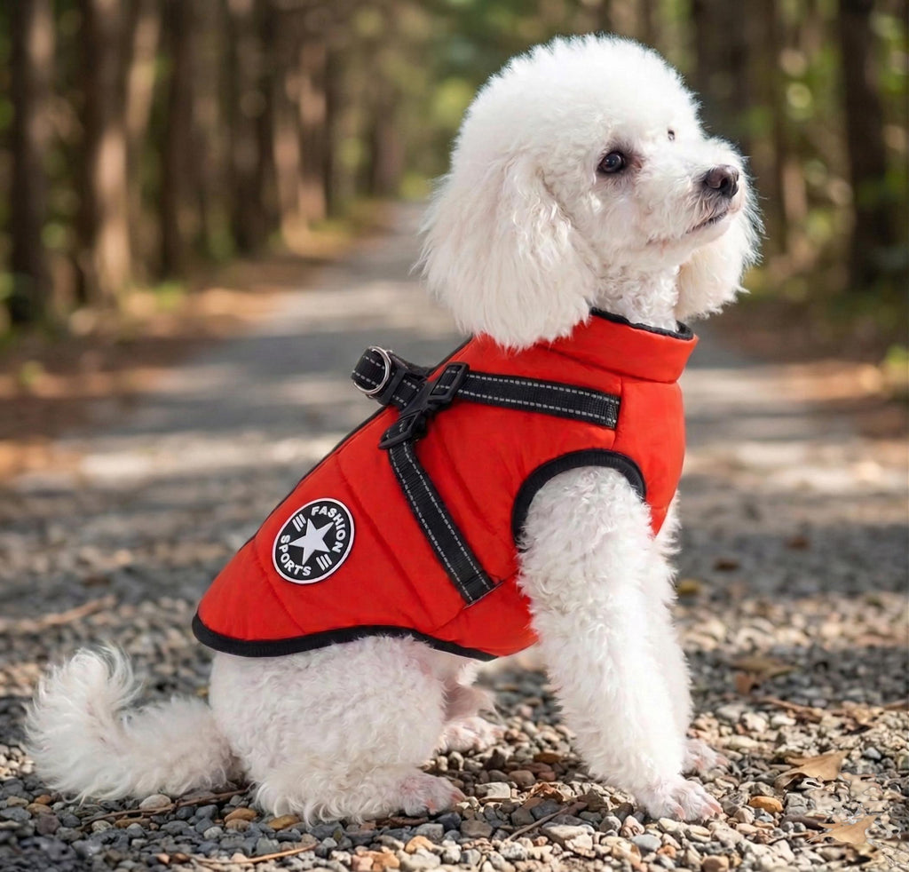 Waterproof High-Collar Dog Puffer Vest, with Harness D-rings
