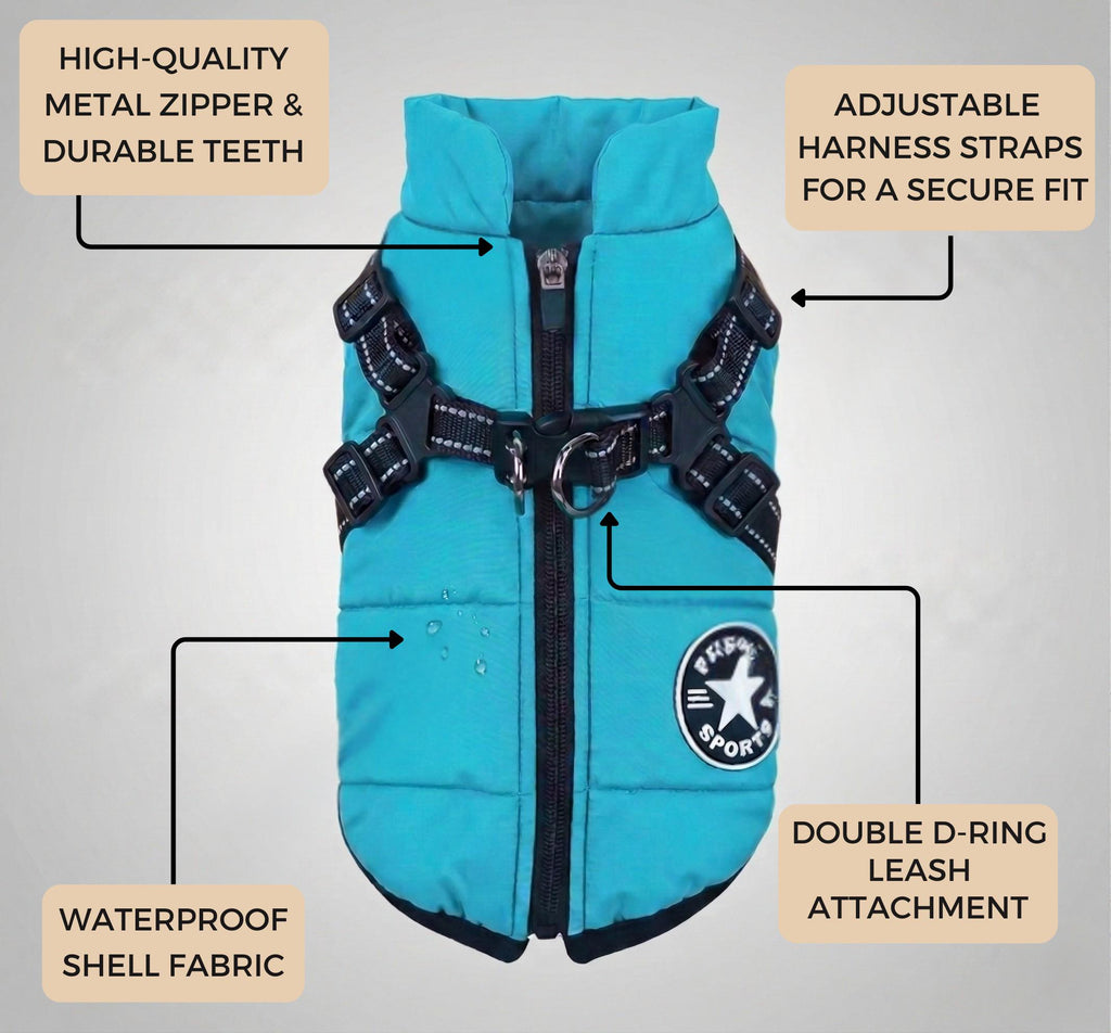 Waterproof High-Collar Dog Puffer Vest, with Harness D-rings