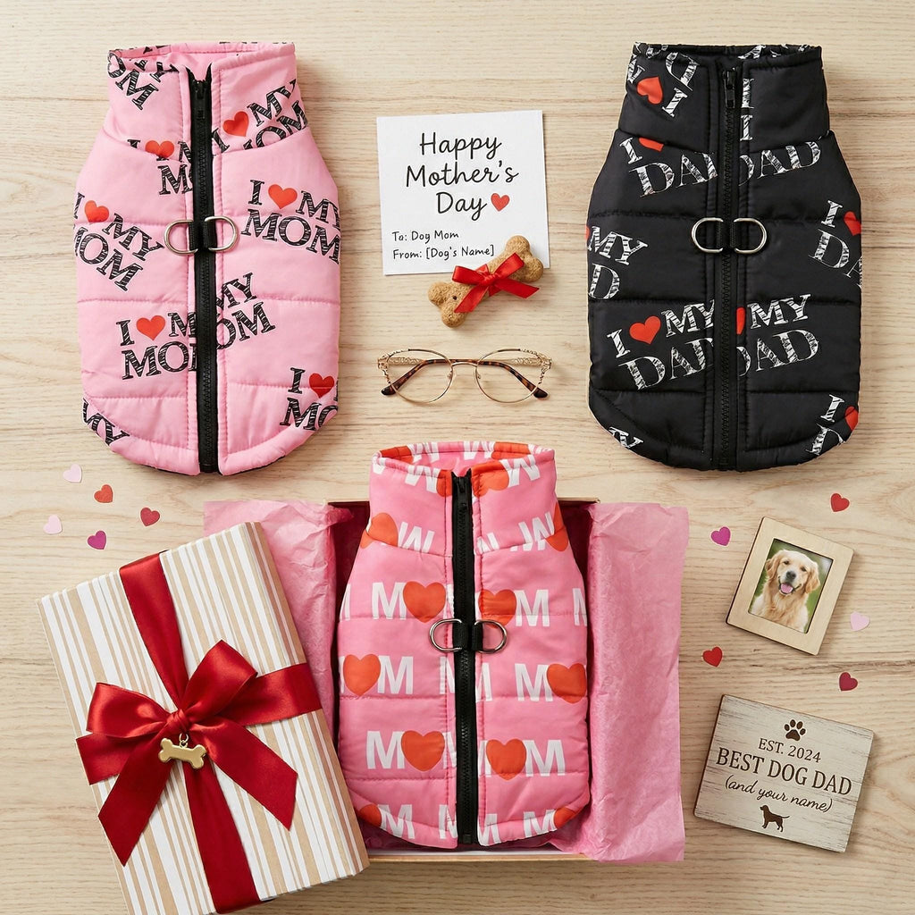 I Heart Mom & Dad Dog Puffer Vest, with Harness D-rings