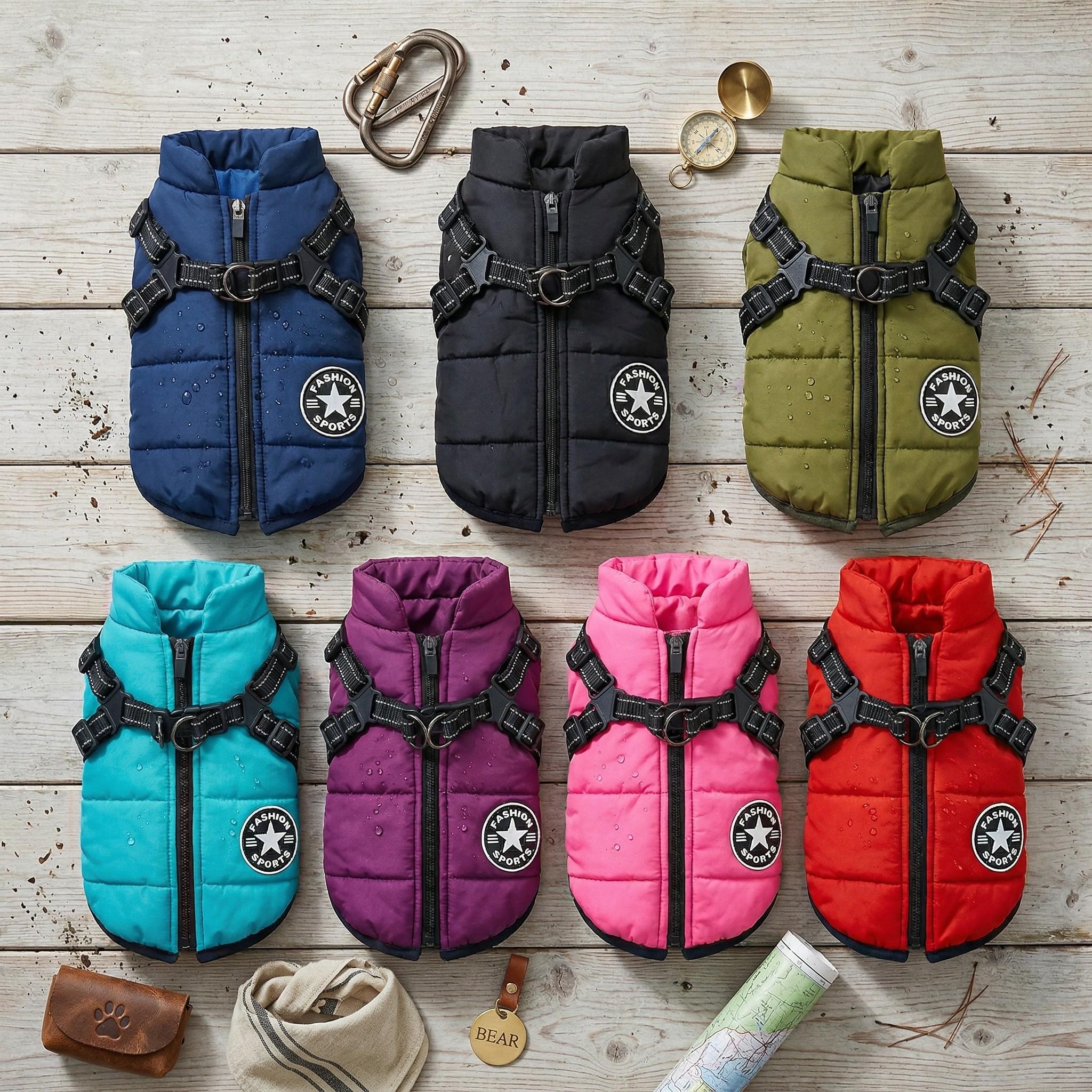 Waterproof High-Collar Dog Puffer Vest, with Harness D-rings