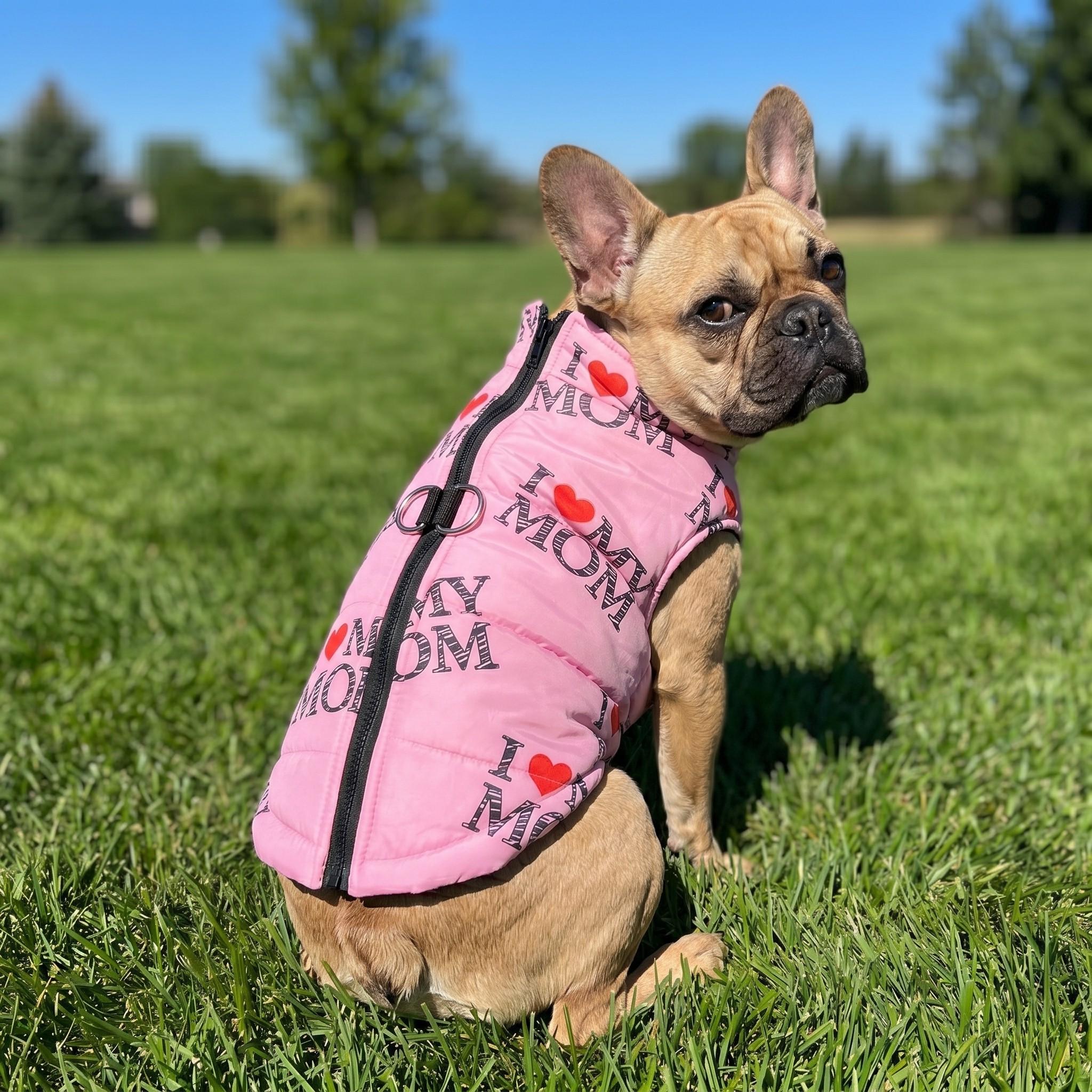 I Heart Mom & Dad Dog Puffer Vest, with Harness D-rings