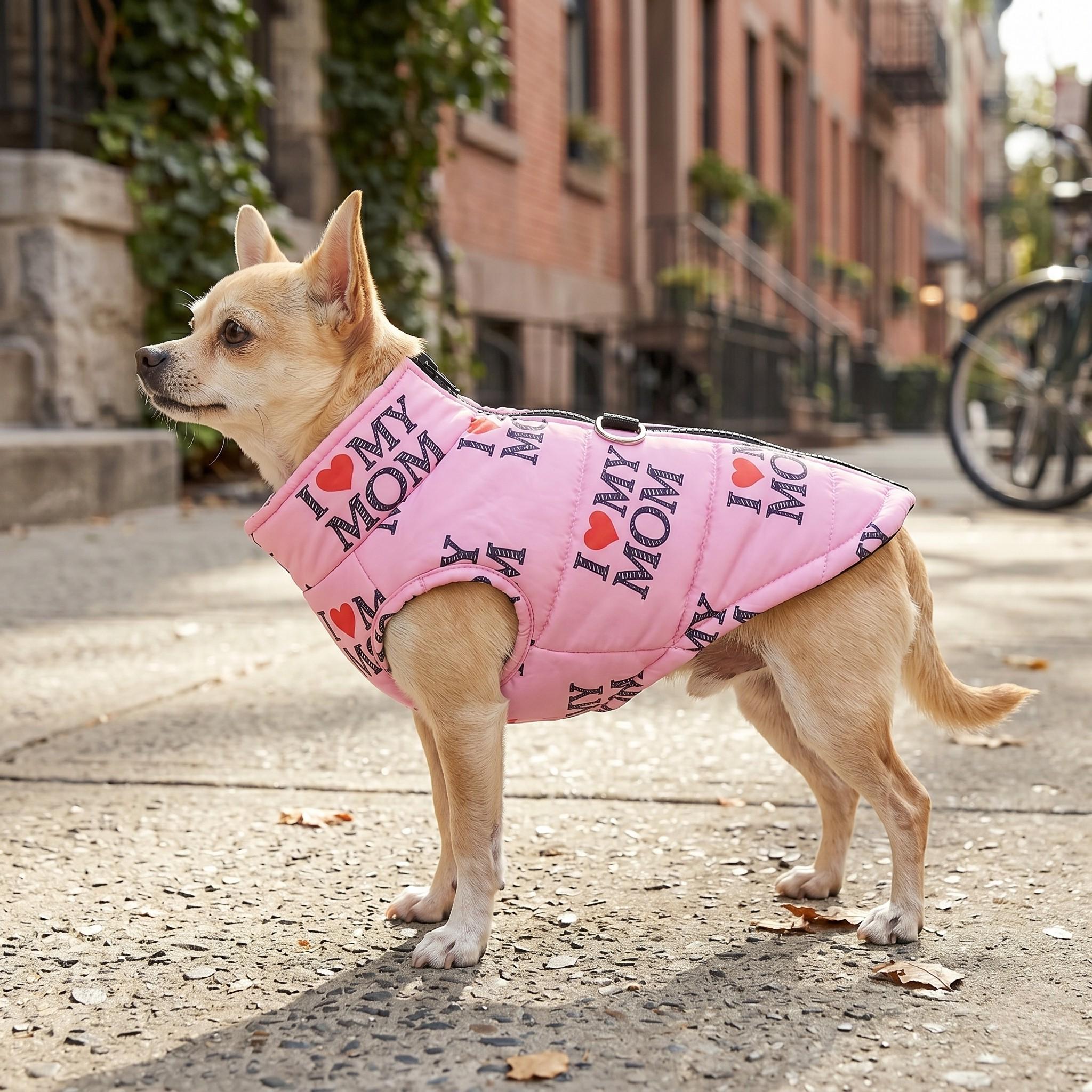 I Heart Mom & Dad Dog Puffer Vest, with Harness D-rings
